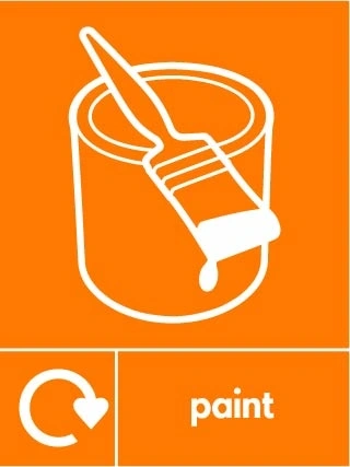 Paint collection-point artwork with a white recycling arrow, item illustration and wording on orange. OTHE0037.