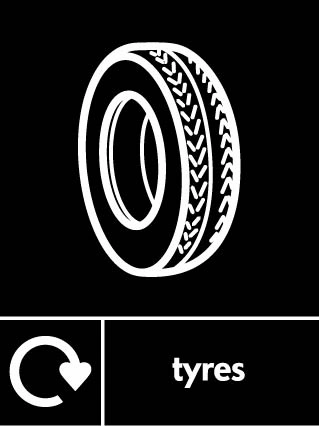 Tyres recycling sign showing recycling arrow and item illustration with white wording on black. Artwork AUTO0019.