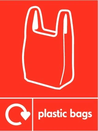 Plastic bags recycling sign showing white recycling arrow and plastic illustration and wording on a red portrait panel. Artwork PLAS0026.