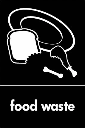 Food waste recycling sign showing white waste illustration and wording on a black portrait panel. Artwork ORGA0018.