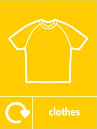 Clothes recycling sign showing white recycling arrow and textile illustration and wording on a yellow portrait panel. Artwork TEXT0021.