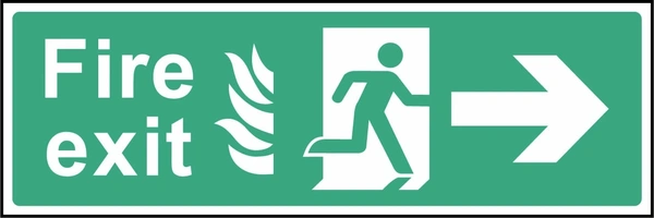 Green and white Fire exit sign showing right-pointing arrow. Artwork EMER0020.