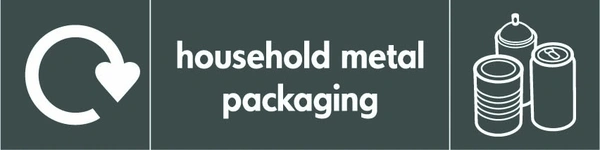 Household metal packaging recycling sign showing white recycling arrow, material illustration and wording on a dark grey letterbox panel. Artwork META0026.