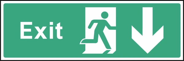 Green and white Exit sign showing downward arrow. Artwork EMER0016.