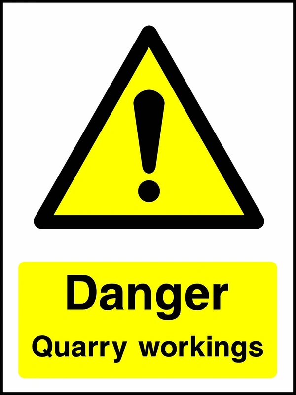 Danger — Quarry workings sign showing yellow exclamation warning pictogram above wording. Artwork GENE0071.