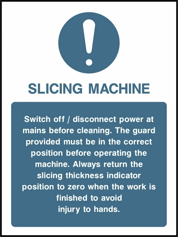 Slicing machine — Cleaning and blade safety. Food processing sign artwork FOOD0023.