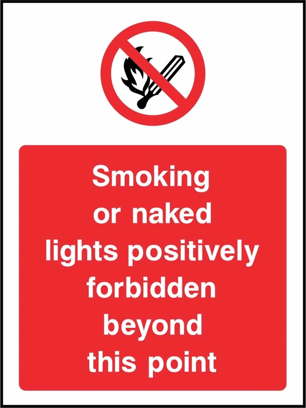 Smoking or naked lights positively forbidden beyond this point sign. red prohibition pictogram above a red wording panel. Artwork SMOK0049.