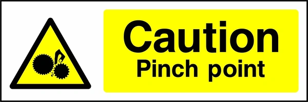 Caution — Pinch point sign showing yellow hand caught between gears warning triangle beside wording. Artwork MACH0019.