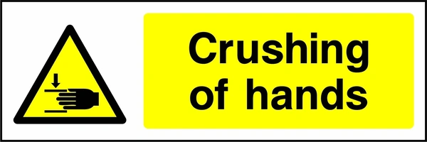Crushing of hands sign showing yellow hand crushing warning triangle beside wording. Artwork MACH0007.