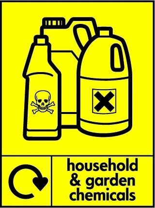 Household & garden chemicals sign showing black pictogram and wording on a yellow panel with a circular recycling arrow. Artwork HAZA0014.