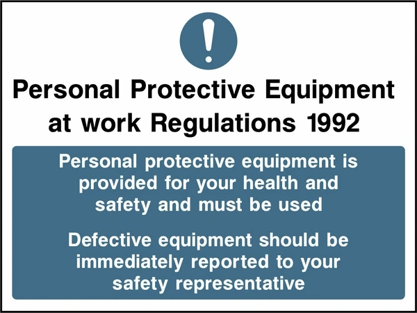 Personal Protective Equipment at work Regulations 1992 — Personal protective equipment is sign showing mandatory equipment-reporting or return instruction panel. Artwork PROT0017.