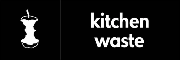 Kitchen waste recycling sign showing white waste illustration and wording on a black letterbox panel. Artwork ORGA0008.