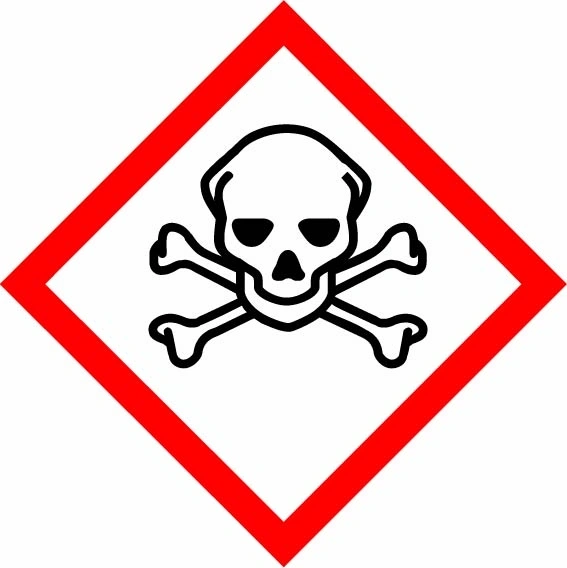 Skull and crossbones red diamond pictogram sign showing diamond-shaped dangerous-substance symbol with supplied colours and markings. Artwork DANG0044.
