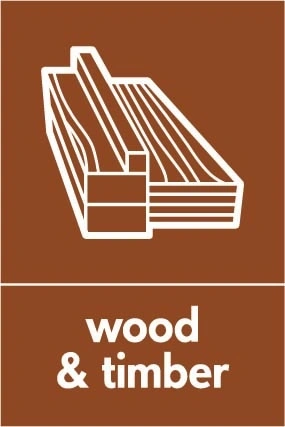 Wood & timber recycling sign showing material illustration with white wording on brown. Artwork BUIL0032.