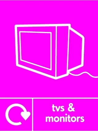 TVs & monitors sign showing white television pictogram with recycling arrow beside wording on magenta background. Artwork ELEC0132.