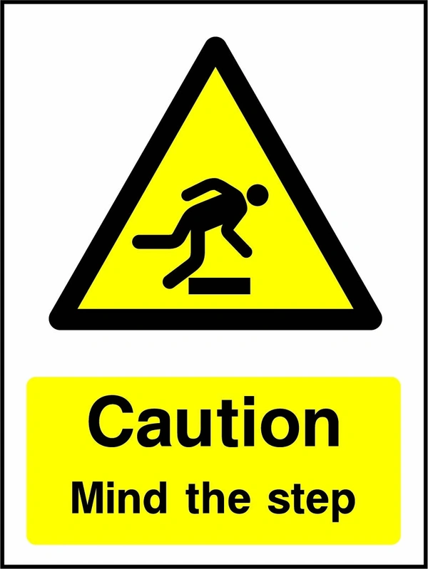 Caution — Mind the step sign showing yellow trip hazard warning pictogram above wording. Artwork GENE0058.