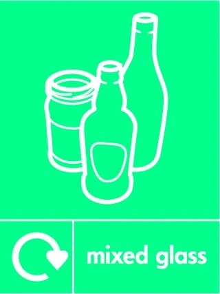 Mixed glass recycling sign showing recycling arrow and glass illustration and wording on a bright green portrait panel. Artwork GLAS0037.