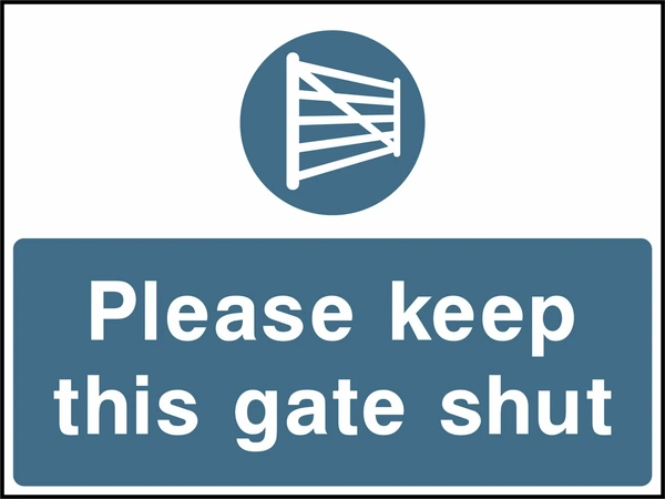 Please keep this gate shut sign showing blue gate pictogram above wording. Artwork COUN0110.