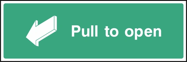 Green and white Pull to open sign showing a pull arrow. Artwork EMER0040.