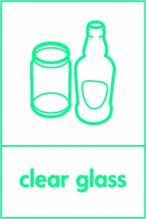Clear glass recycling sign showing glass illustration and wording on a green on white portrait panel. Artwork GLAS0028.