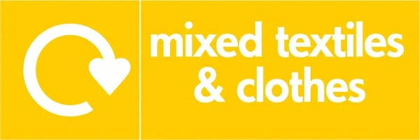 Mixed textiles & clothes recycling sign showing white recycling arrow and wording on a yellow letterbox panel. Artwork TEXT0002.