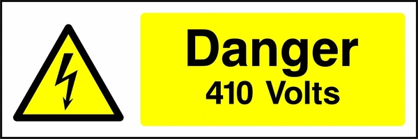 Danger — 410 Volts sign showing yellow electrical lightning bolt warning triangle beside wording. Artwork ELEC0004.