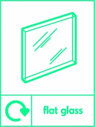 Flat glass recycling sign showing recycling arrow and glass illustration and wording on a green on white portrait panel. Artwork GLAS0030.