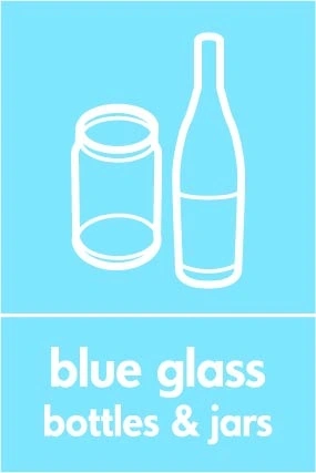 Blue glass bottles & jars recycling sign showing glass illustration and wording on a light blue portrait panel. Artwork GLAS0022.