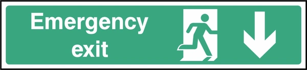 Green and white Emergency exit sign showing downward arrow. Artwork EMER0026.