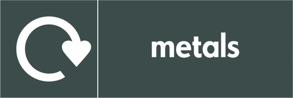Metals recycling sign showing white recycling arrow and wording on a dark grey letterbox panel. Artwork META0008.