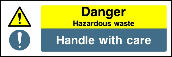 Danger — Hazardous waste — Handle with care sign with combined yellow warning and blue mandatory instruction panels. Artwork CHEM0090.