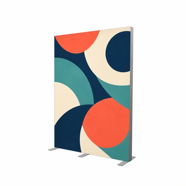 Illustrative mockup of a freestanding modular LED display with navy, coral, cream and teal geometric artwork.