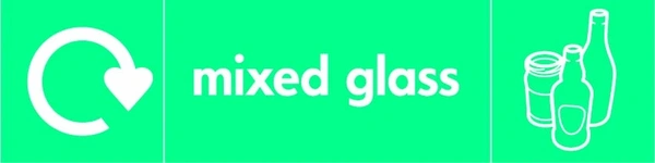 Mixed glass recycling sign showing recycling arrow and glass illustration and wording on a bright green letterbox panel. Artwork GLAS0019.
