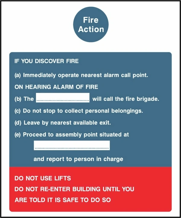 Fire Action printed notice with the original action instructions and layout. Artwork FACT0009.