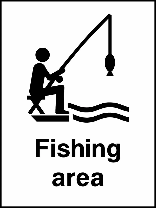 Fishing area sign showing a black water-activity pictogram above the printed wording. Artwork WATE0026.