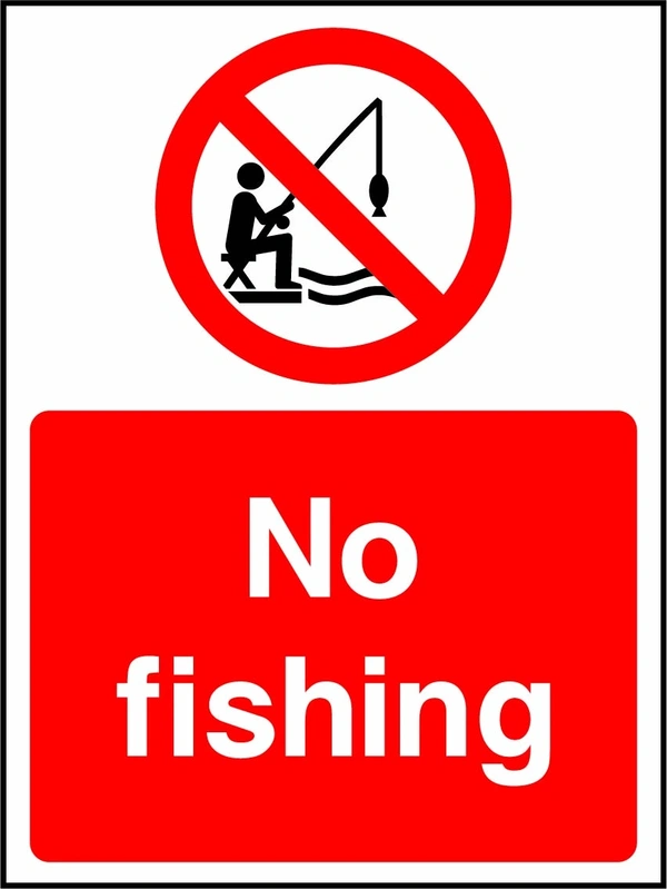 No fishing sign showing a red prohibition pictogram above the printed instruction. Artwork WATE0015.