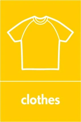 Clothes recycling sign showing white textile illustration and wording on a yellow portrait panel. Artwork TEXT0017.