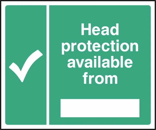 Head protection available from sign showing tick symbol and blank location panel. Artwork FAID0045.