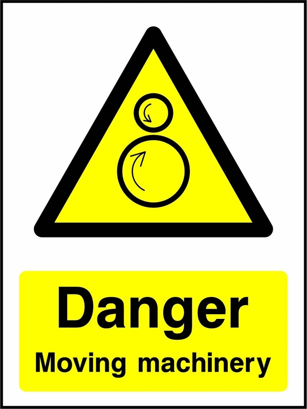 Danger — Moving machinery sign showing yellow moving-machinery warning triangle above wording. Artwork COUN0060.