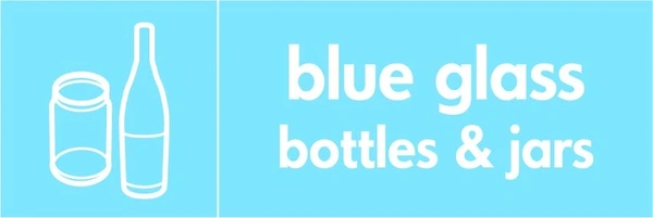 Blue glass bottles & jars recycling sign showing glass illustration and wording on a light blue letterbox panel. Artwork GLAS0002.
