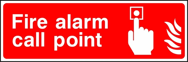 Fire alarm call point sign showing alarm button and flame pictograms beside wording. Artwork FEQP0032.