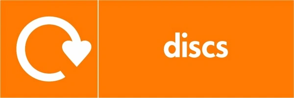 Discs collection-point artwork with a white recycling arrow and wording on orange. OTHE0004.