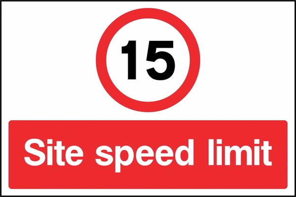 A black number 15 within a red circle above a red Site speed limit panel with 15 — Site speed limit wording. CONS0090 artwork.
