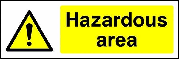 Hazardous area sign with yellow triangular exclamation mark pictogram beside wording. Artwork CHEM0036.