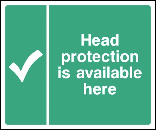 Head protection is available here sign showing tick symbol beside wording. Artwork FAID0044.