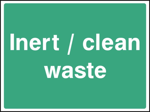 Large white lettering on a green background with Inert / clean waste wording. CONS0113 artwork.