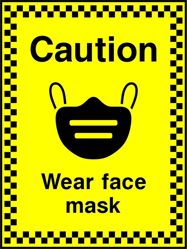 Caution — Wear face mask. a yellow caution panel with the symbol and border shown. Artwork COVI0069.