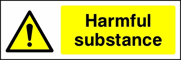 Harmful substance sign with yellow triangular exclamation mark pictogram beside wording. Artwork CHEM0031.