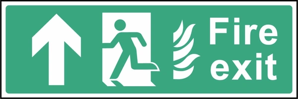 Green and white Fire exit sign showing upward arrow. Artwork EMER0023.