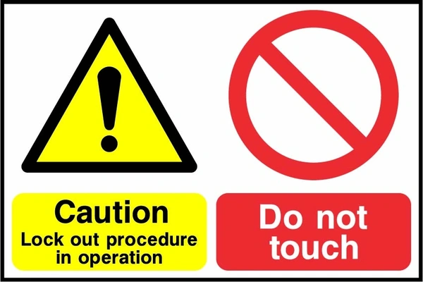 Caution — Lock out procedure in operation — Do not touch. combined warning and instruction panels. Artwork LOCK0016.
